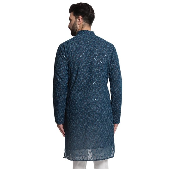 Men Chikankari Georgette Blue Color Kurta Full Sleeve Knee Length Kurta - Picture 4 of 6